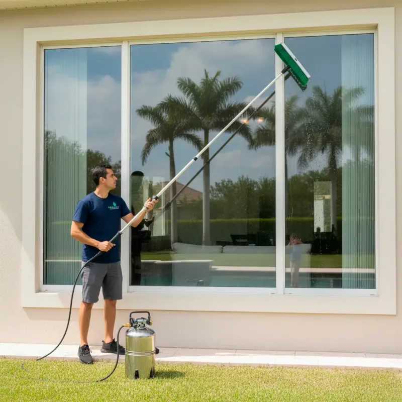 Lighthouse Point Cleaning Services 1 A man cleaning a large glass window outside a Lighthouse Point house with a long-handled brush connected to a hose and water tank, as palm trees and clouds are reflected in the gleaming glass.