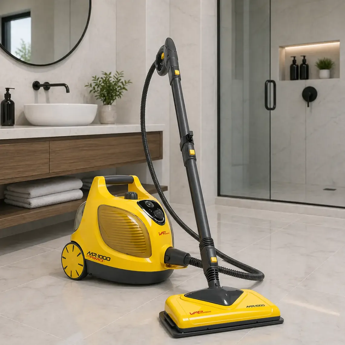 Vapamore MR-100 Primo Steam Cleaning System 1 A yellow Vapamore MR-100 Primo steam cleaning system with a long handle sits on a clean, tiled bathroom floor near a modern sink and glass shower enclosure. Towels and decor are visible on the wooden vanity.