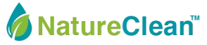 Logo for NatureClean featuring a blue water droplet with a green leaf inside, followed by the word NatureClean in green and blue text.